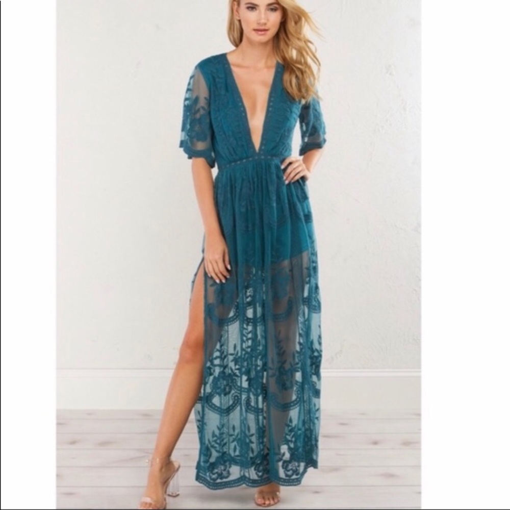Honey punch teal lace maxi romper